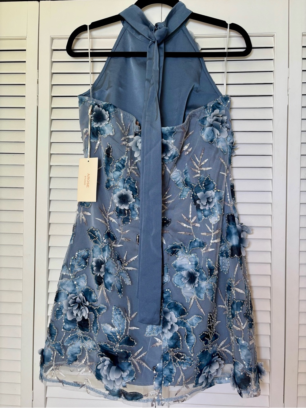 NWT Arose Studio Blue 3D Floral Embellished Beaded Anthro Cocktail Dress Large - Picture 5 of 7